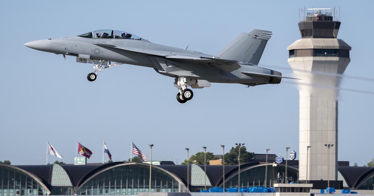 The first production Block III Super Hornet takes off from Lambert Field for its delivery flight to the U.S. Navy at Patuxent River. (Photo: Boeing)