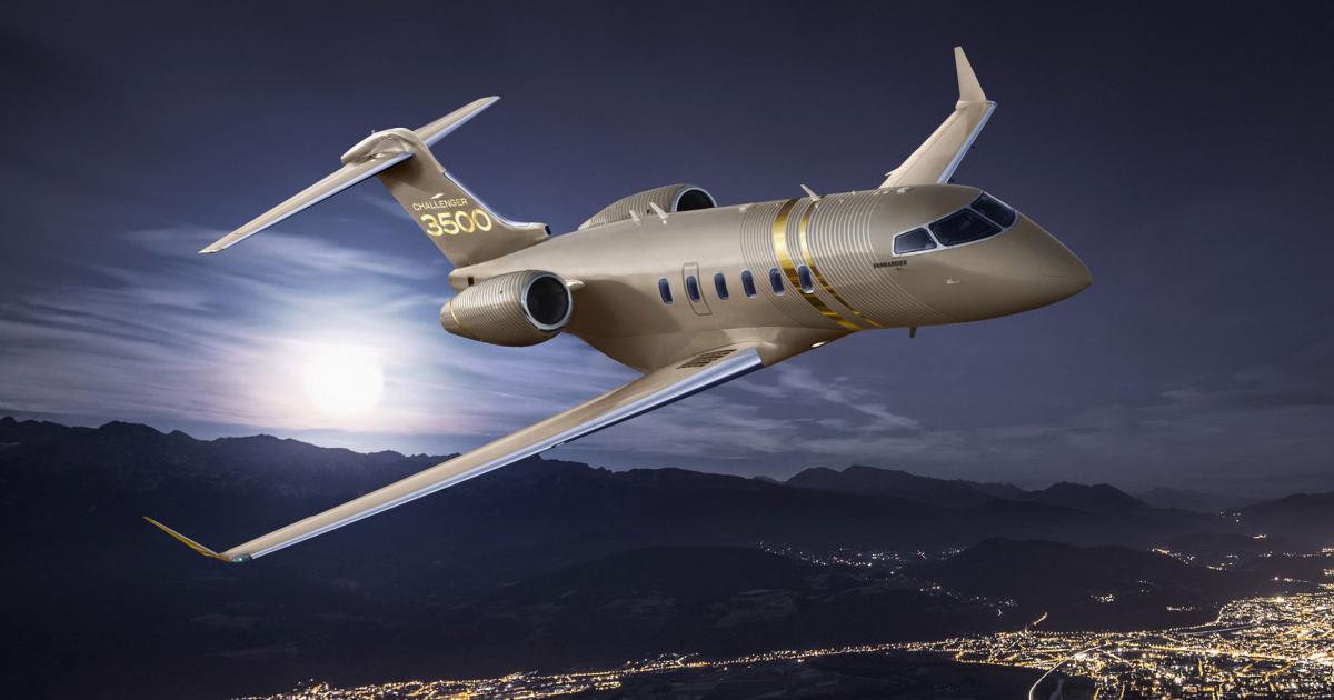 Bombardier's largest order of the year consists of 20 new Challenger 3500s to a single customer. The Montreal-based airframe expects deliveries of the Challenger 350 successor to begin in the second half of 2022. (Image: Bombardier)
