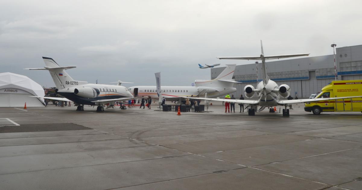 Held at the Vnukovo-3 FBO in Moscow, this year’s Russian Business Aviation Exhibition hosted a dozen aircraft, including a Falcon 8X and two Hawkers, with the largest a B757. Photo: Vladimir Karnozov
