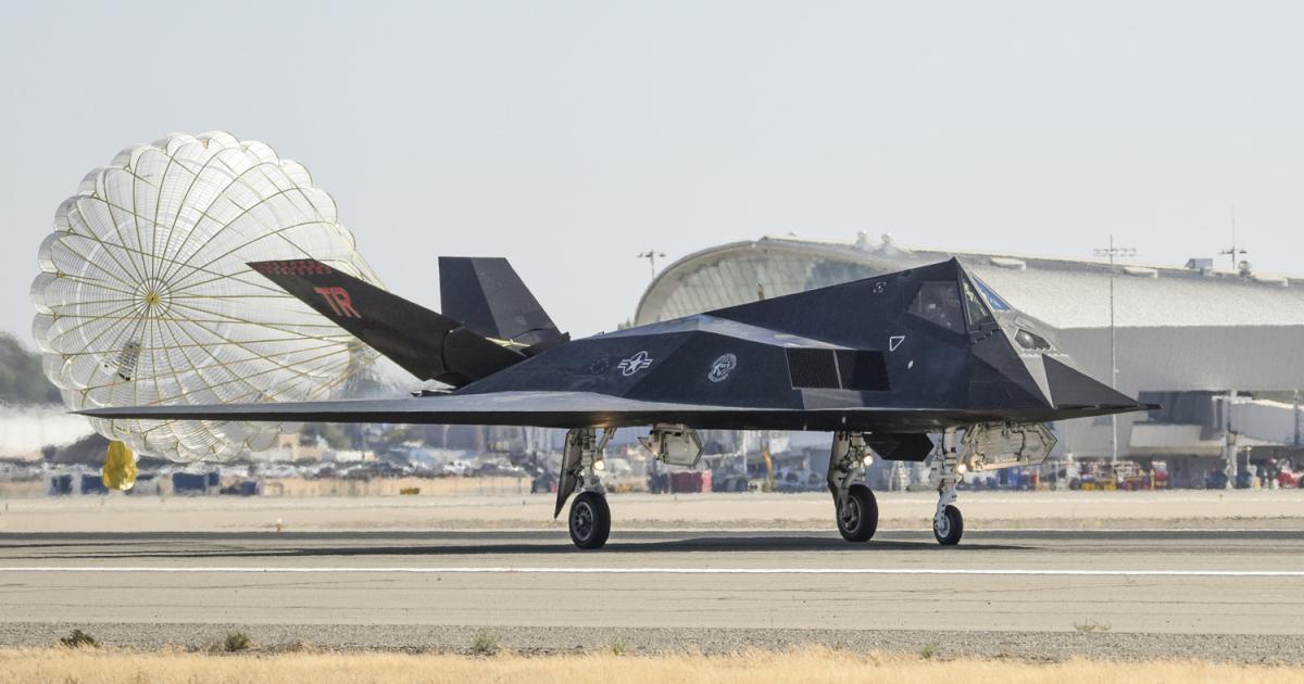 One of the F-117s is seen on arrival at Fresno. Both aircraft wore the ‘TR’ tailcode associated with Tonopah Test Range airfield. An F-117 had earlier been seen with the "Dark Knights" unit name, and the aircraft uses the "Knight" callsign. (Photo: Capt. Jason Sanchez/Air National Guard)