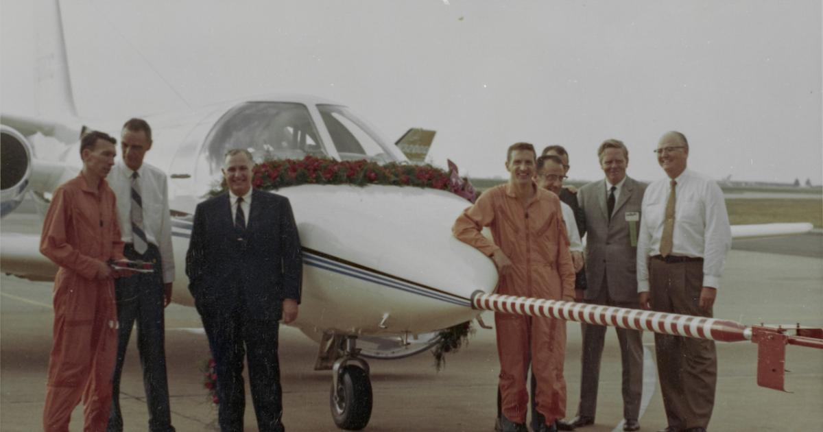 Cessna executives, including then-president Duane Wallace (second from left), and test pilots gather around a Citation Model 500 following its first flight on Sept. 15, 1969. (Photo: Textron Aviation)