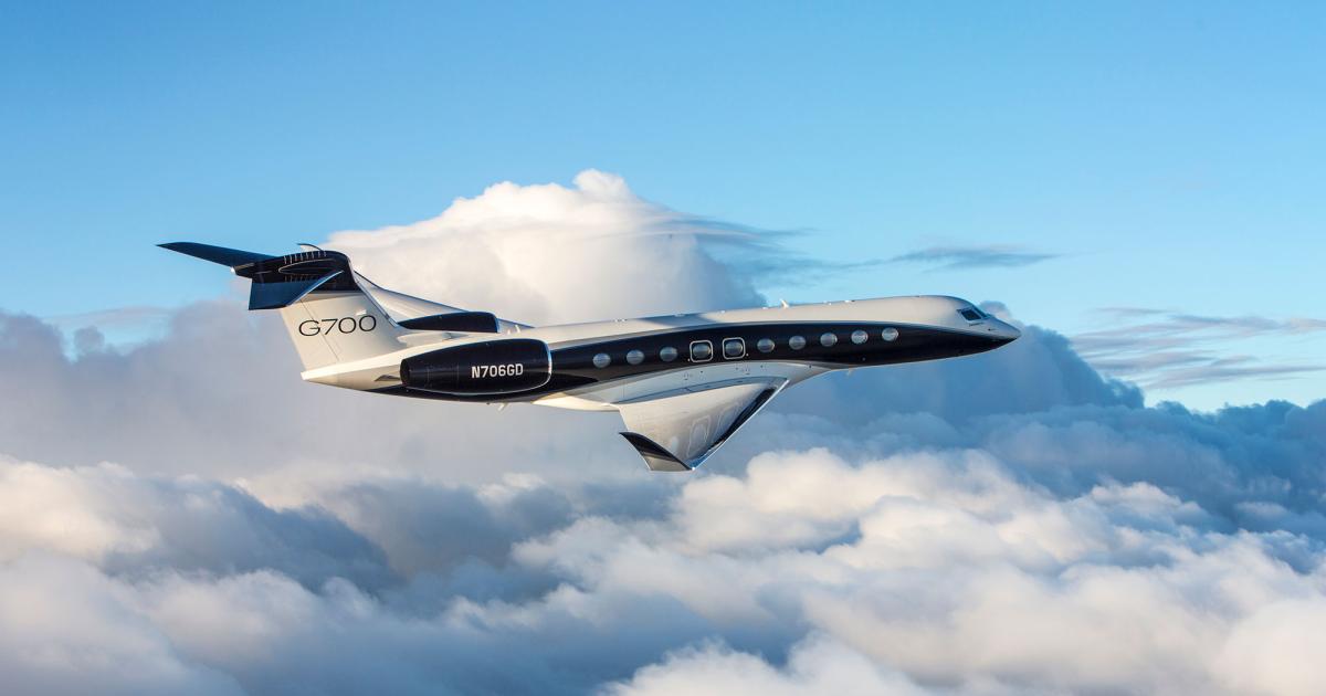 N706GD, the first Gulfstream G700 production airplane, has set two international city-pair records on flights to the Middle East and Europe. The aircraft is being used to test the G700's new cabin in anticipation of the model's service entry next year. (Photo: Gulfstream Aerospace)