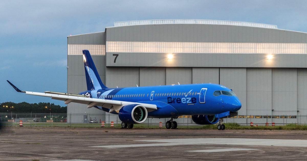 Breeze is to add 80 Airbus A220 airliners to its U.S.-based fleet and these aircraft are manufactured in the European airframer's Mobile, Alabama, facility. (Photo: Airbus)