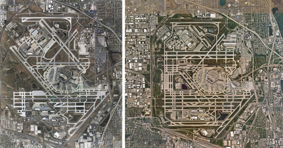 These aerial images show the dramatic transformation of Chicago's O'Hare International Airport over the past decade. The image on the left was taken in 2011, several years after the start of the O’Hare Modernization Program. The image on the right was taken this year, showing the new runways and associated changes made during the course of the $6 billion development project. (Photos: Chicago Department of Aviation)