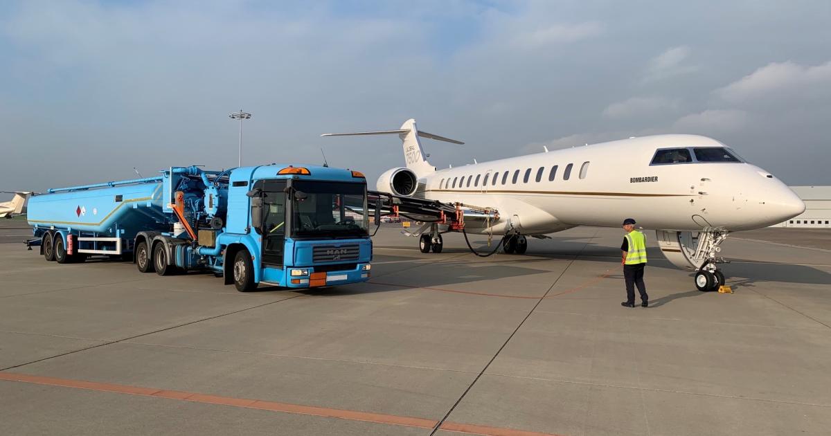 Bombardier's Global 7500 fuels up on sustainable aviation fuel as it joins a Challenger 350 on a European tour that begins in Germany, heads to the Netherlands, Belgium, Spain, and Denmark before ending in Sweden on October 5. (Photo: Bombardier)

