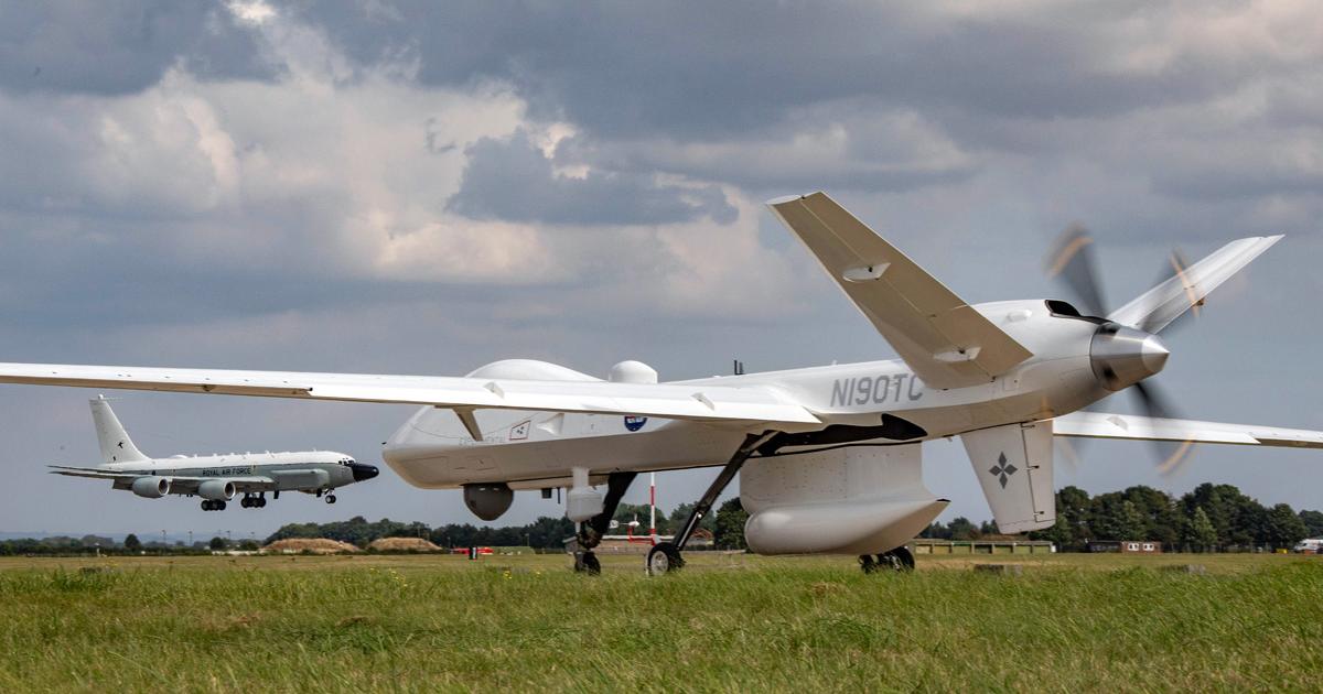 The SkyGuardian taxis for a mission at Waddington in Lincolnshire, the RAF’s principal ISR base. It carries a belly-mounted surveillance radar to represent the SeaGuardian maritime patrol variant. Landing in the background is one of the RC-135W Rivet Joint signals intelligence gatherers that are flown from the base by No. 51 Squadron. (Photo: RAF Waddington)
