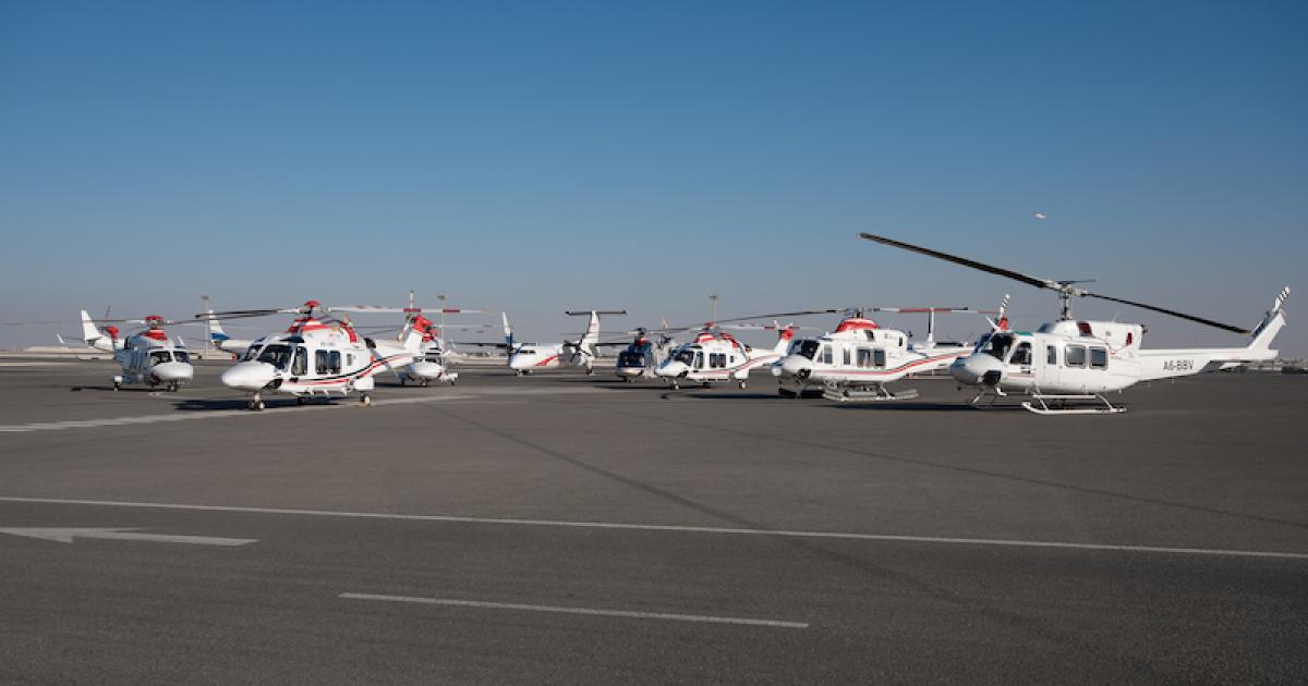 Members of Abu Dhabi Aviation's helicopter fleet parked at the company's Abu Dhabi International Airport base include the Bell 412EPI and the AW139. (Photo: Abu Dhabi Aviation)