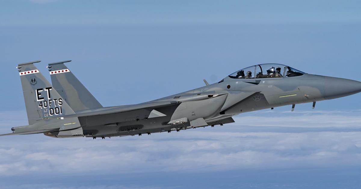 Aircraft EX1 – the USAF’s first F-15EX Eagle II – makes its delivery flight from the St Louis factory to Eglin AFB in March 2021. (Photo: U.S. Air Force)