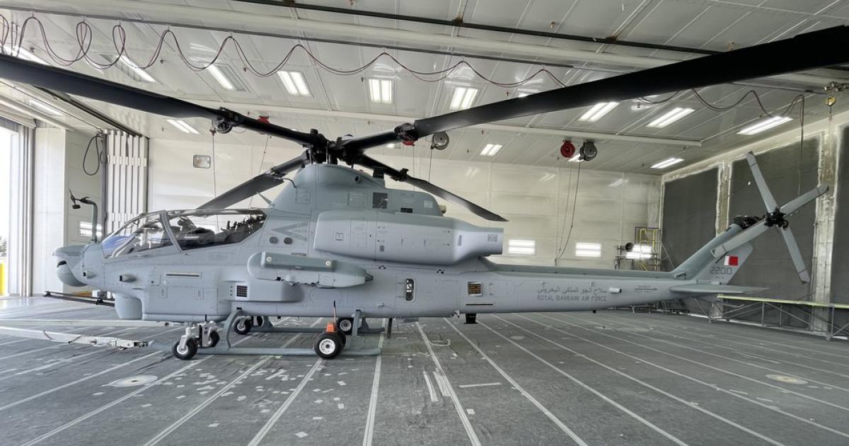 Bahrain’s first AH-1Z is seen at Amarillo at the time of completion. It is mounted on temporary wheels that facilitate ground handling. (Photo: Bell Textron)