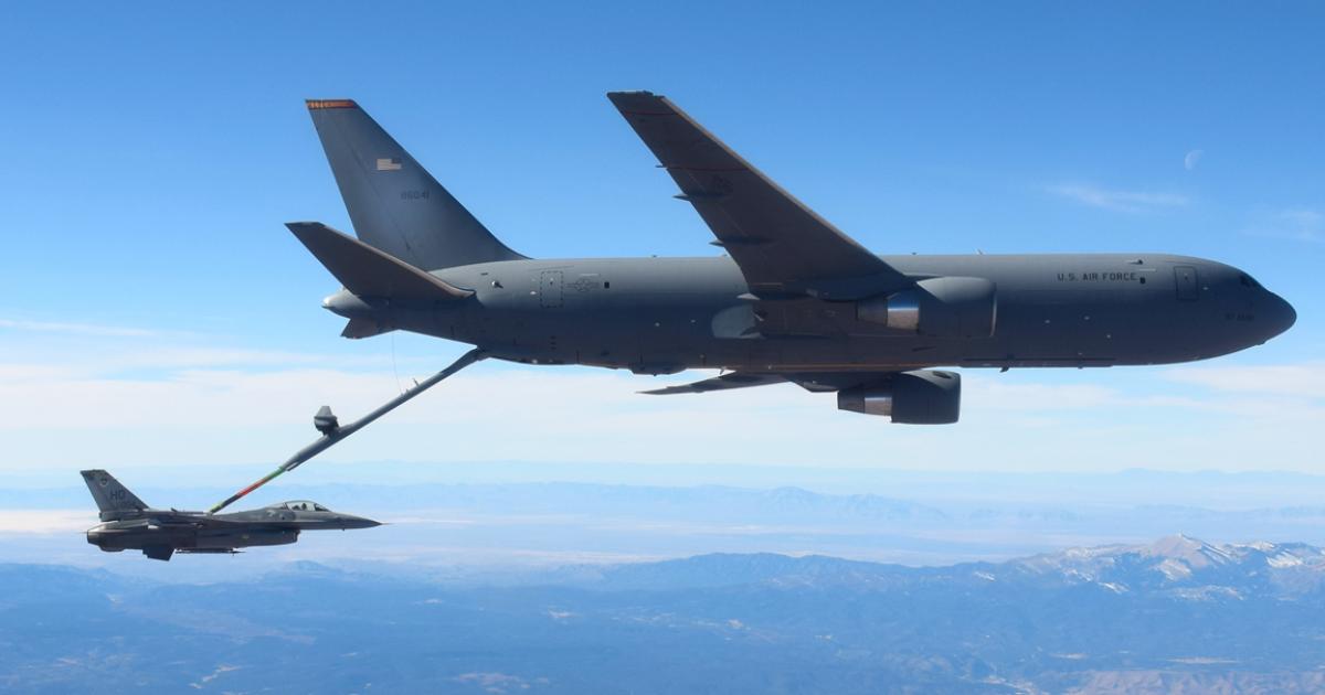 A 97th AMW KC-46 passes fuel to a 49th Wing F-16C in December 2020 during a training mission over New Mexico. (Photo: U.S. Air Force)