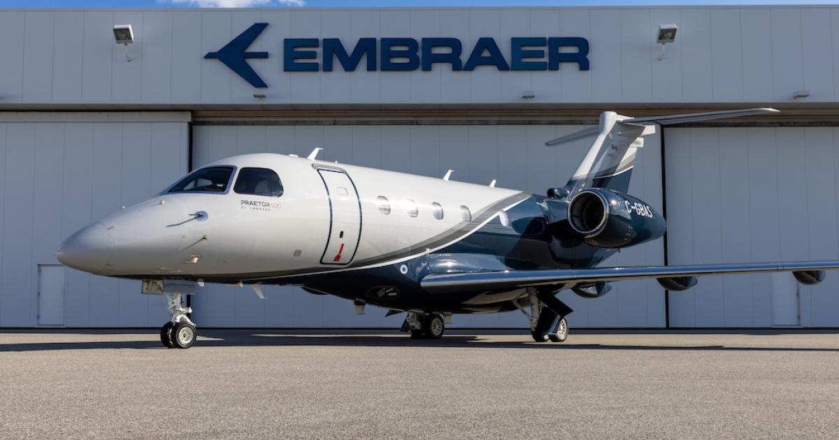 Embraer recently delivered its first Praetor 500 in Canada to fractional operator AirSprint. The delivery will be recorded in its fourth-quarter 2021 results. (Photo: Embraer)