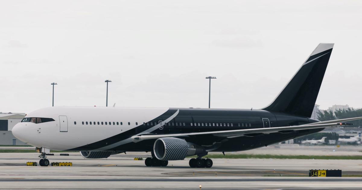 VIP Completions' Boeing 767 project includes a new paint scheme using black, white, and pearl colors. (Photo: VIP Completions)