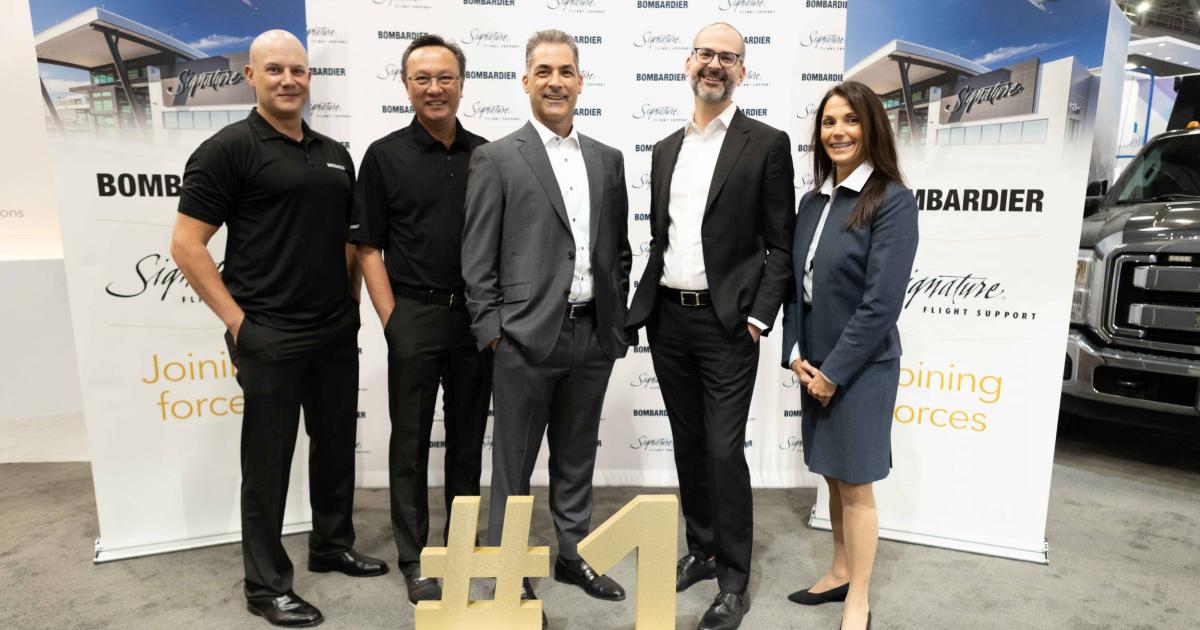 Left to right: Bryan Malinak, Hoat Nguyen (Bombardier MRT technicians), Jean-Christophe Gallagher, Executive Vice President, Services and Support, and Corporate Strategy, Bombardier, Tony Lefebvre, Interim Chief Executive Officer for Signature Aviation and Annette Torgerson, Signature Customer Service Rep.