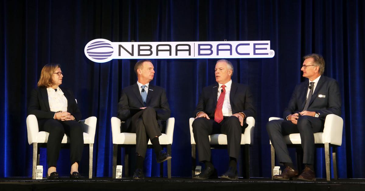 (l to r) Elizabeth Dornak, NBAA chair; Ed Bolen, NBAA president and CEO; Pete Bunce, GAMA president and CEO; and Nicolas Chabbert, senior v-p of Daher’s aircraft division. (Photo: Barry Ambrose)