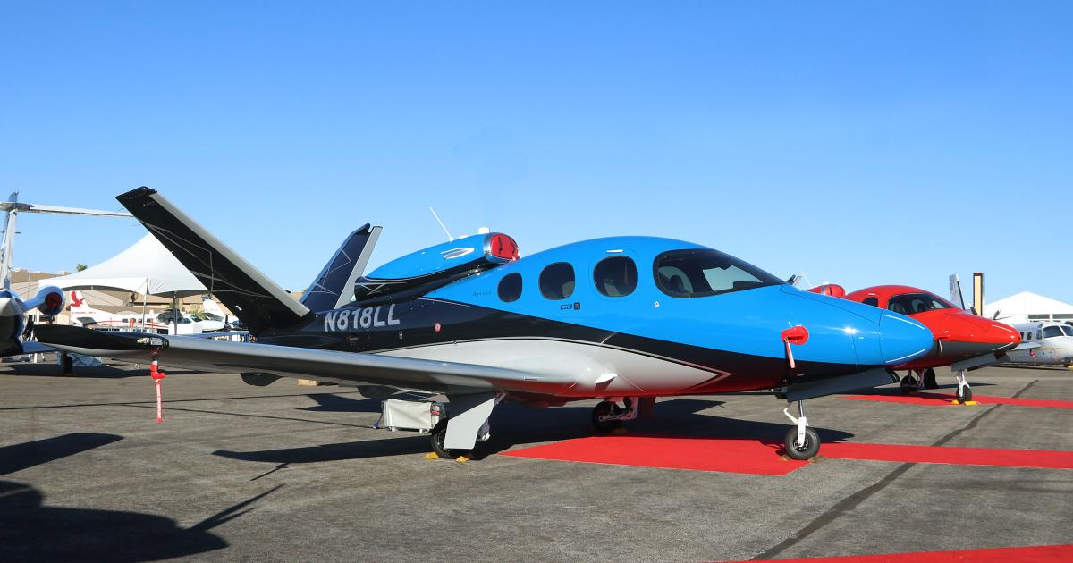 A special-edition Cirrus SR22 in “Volt” colors joins a Vision Jet G2+ on the NBAA-BACE static display at Henderson Executive Airport. Cirrus is offering the Vision Jet as cost-effective, short-haul, supplemental lift for corporate flight departments.  