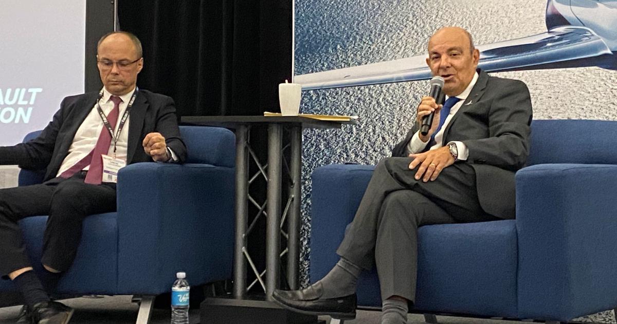 Dassault Aviation chairman and CEO Eric Trappier (r) and Carlos Brana, the French airframer's executive v-p for civil aircraft, update the audience on the company's progress over the past year in the face of the global Covid pandemic, on Monday during NBAA-BACE 2021. (Photo: Curt Epstein)
