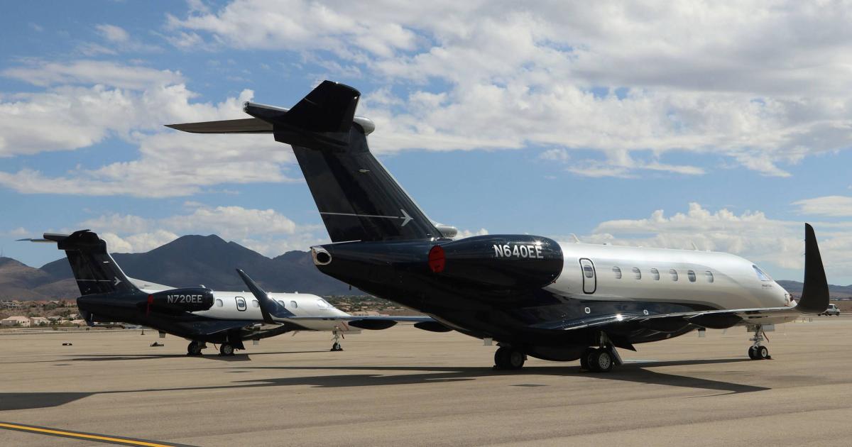 Embraer flew four airplanes to NBAA-BACE on sustainable aviation fuel and using the book-and-claim process, including this Praetor 600 and Phenom 300E plus a Phenom 100EV and Praetor 500. 