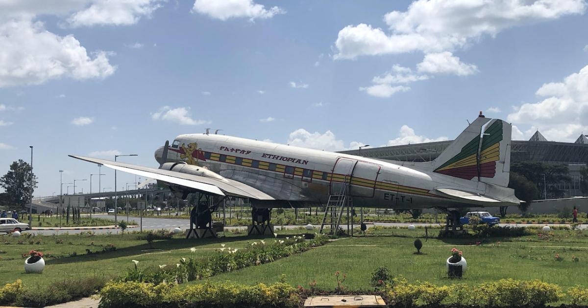 One of Ethiopian Airlines' original C-47s stands on display at Addis Ababa International Airport.