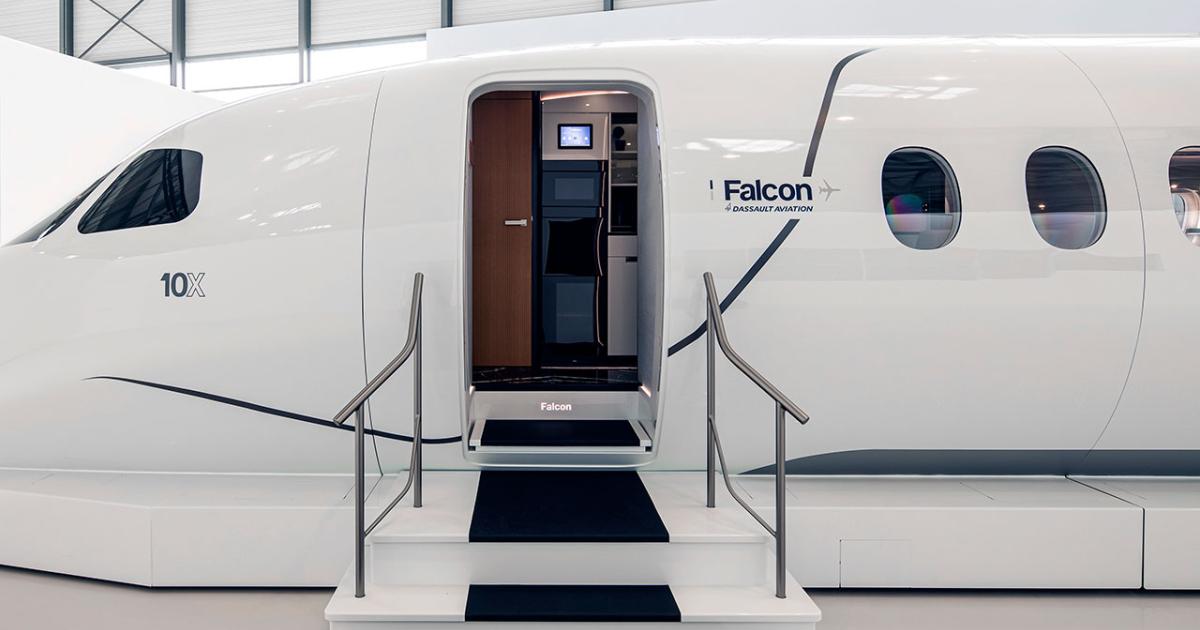 Dassault is marking the first full public display of its Falcon 10X mockup at NBAA-BACE, highlighting the features of its new flagship that will be its largest and longest range yet. (Photo: Dassault)