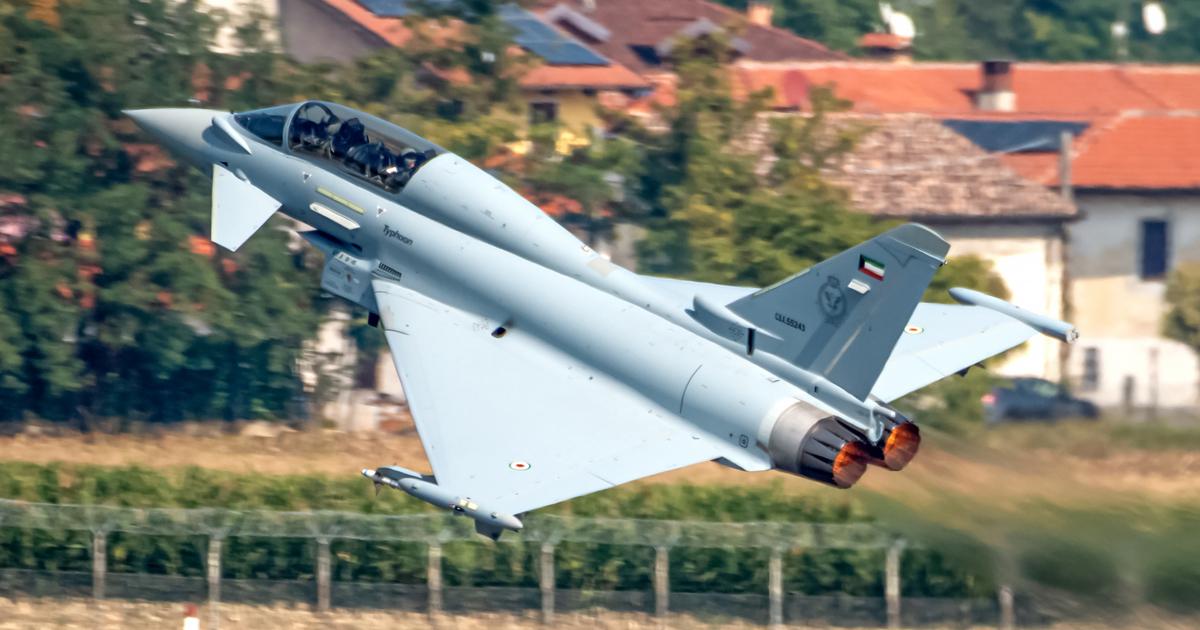 Leonardo undertook the first flights of two new Typhoons for Kuwait on the same day at the company's Caselle works airfield. (Photo: Alessandro Maggia)