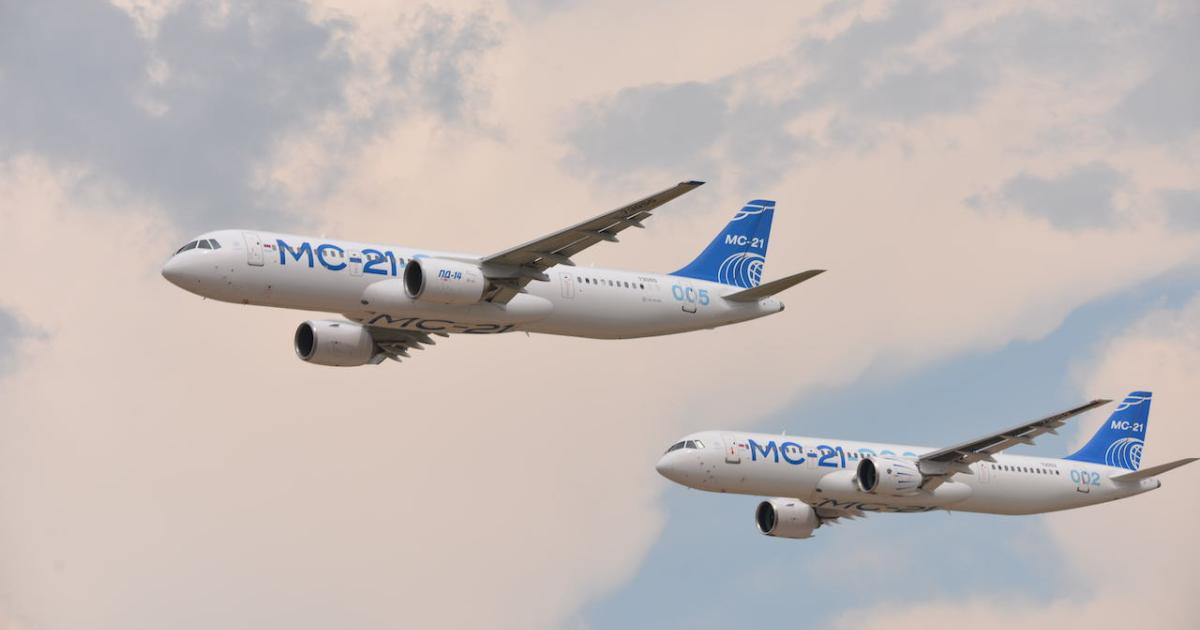 United Aircraft has re-engined the original Pratt & Whitney-powered Irkut MC-21 (below, right) with a pair of Russian PD-14s in reaction to tightening economic sanctions by the West. 