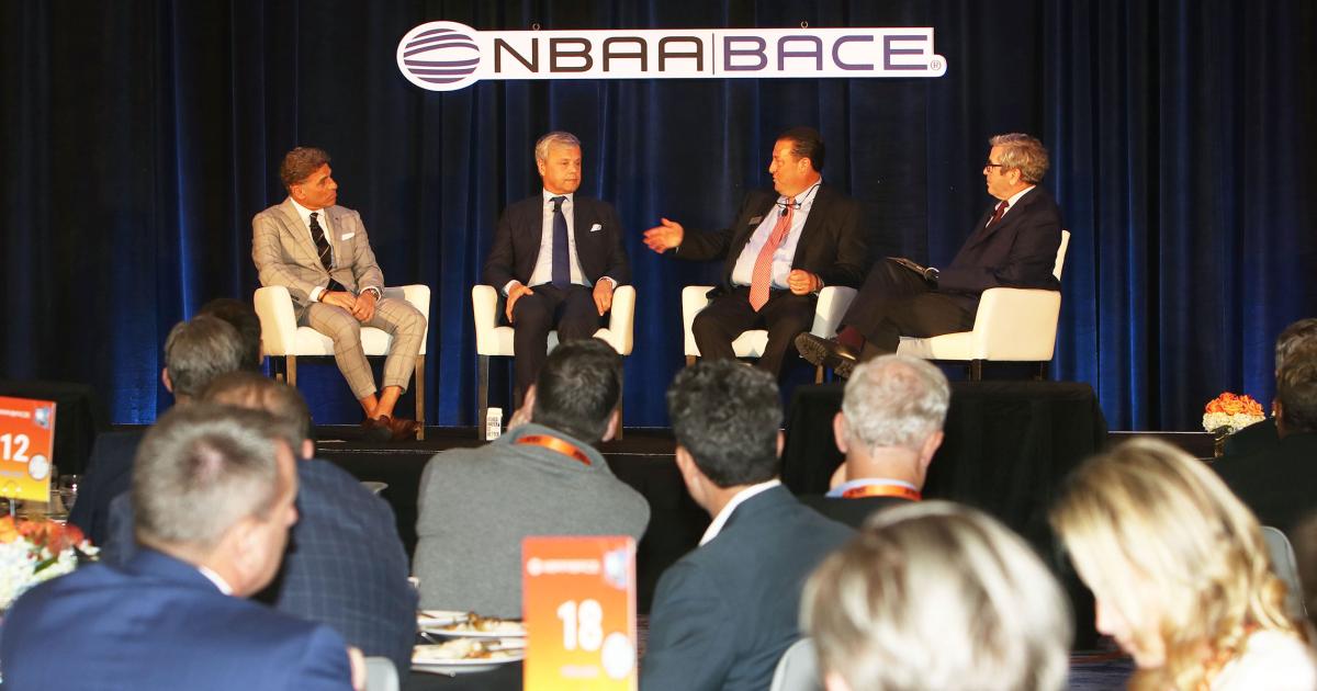 From left, Kenn Ricci, founder and principal of Directional Aviation Capital; George Antoniadis, founder and CEO of PlaneSense; and Kenny Dichter, founder and CEO of Wheels Up, shared their views of the rapid rebound in business during an NBAA-BACE newsmakers luncheon moderated by Miles O’Brien. (Photo: Barry Ambrose)
