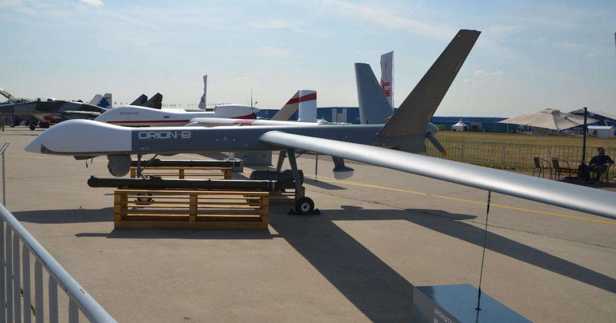 The Orion-E MALE UCAV sits on display at Moscow's MAKS'2021 air show. (Photo: Vladimir Karnozov)