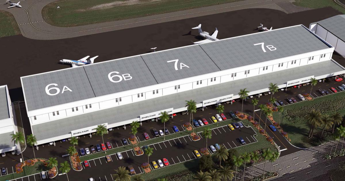 This artist rendering shows the planned new Sheltair hangar development at Tampa International Airport. When completed in second half of 2022, it will increase the available aircraft storage space at the FBO by 50 percent.