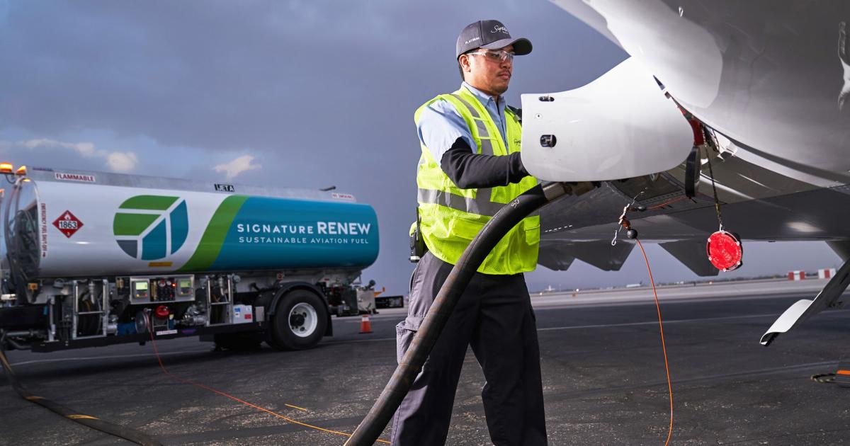 Signature Flight Support has launched its new book-and-claim system, which will allow its customers the ability to buy sustainable aviation fuel environmental credits for fuel purchased at any FBO at any airport. (Photo: Signature Aviation)