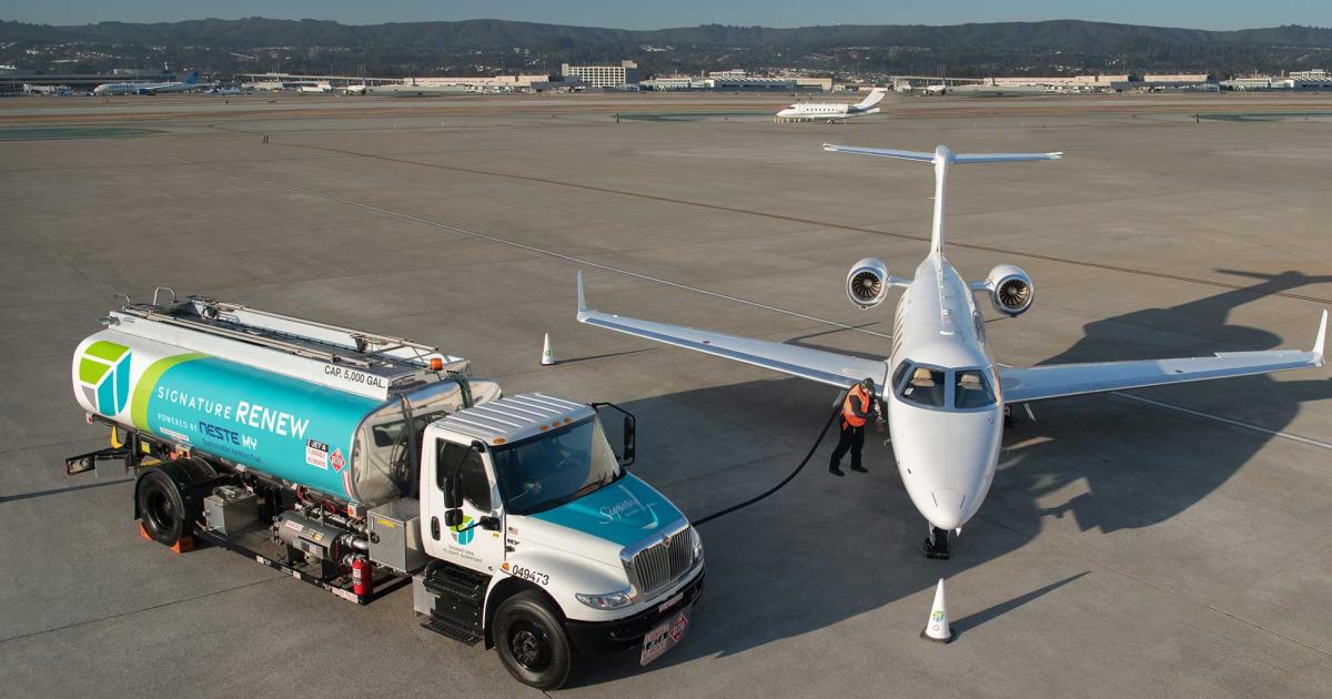 A NetJets Challenger 350 accepted the initial load of blended sustainable aviation fuel (SAF) pumped by the Signature Flight Support FBO at San Francisco International Airport, heralding the arrival of permanent supplies of SAF there. (Photo: Signature Flight Support)