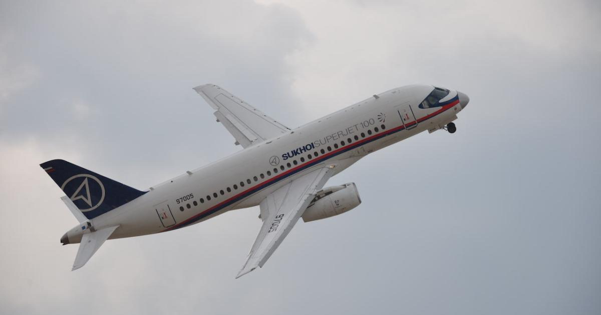 A current-iteration Superjet 100 performs aerial maneuvers during the flying display at the 2021 MAKS air show outside Moscow. (Photo: Vladimir Karnozov)