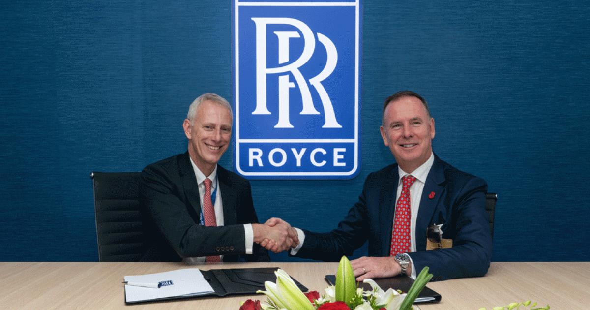 Rolls-Royce Civil Aerospace president Chris Cholerton (left) and Etihad Aviation Group CEO Tony Douglas celebrate a new collaboration to test sustainability technologies applicable to Etihad’s Airbus A350s.