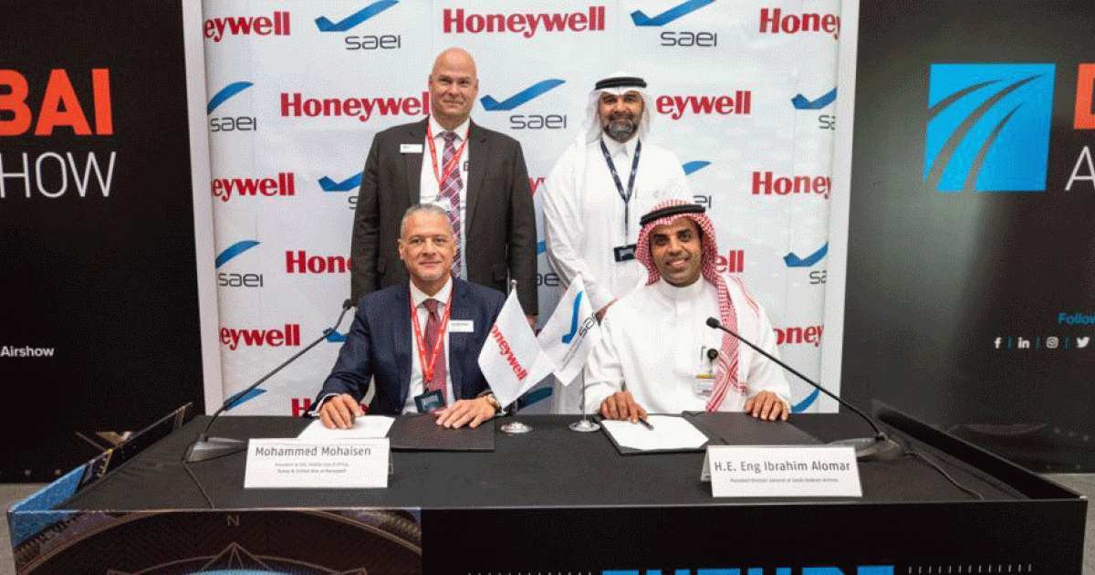Mohammed Mohaisen, president and CEO, Middle East, North Africa, Turkey, and Central Asia, Honeywell (front left), director general of Saudi Arabian Airlines, His Excellency Eng. Ibrahim Alomar (front right), Ryan Lees, president, EMEAI aftermarket, Honeywell Aerospace (back, left) and Fahd Hamzh Cynndy, CEO, SAEI, at the Honeywell-SAEI signing ceremony at the Dubai Airshow on Sunday.