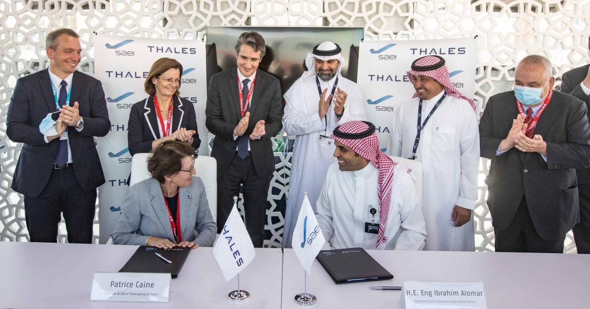 His Excellency, the Director General (DG) of Saudi Arabian Airlines Corporation, Eng. Ibrahim AlOmar and the Chief Executive Officer of Thales Group, Ms Patrice Caine signed an MOA between both companies.