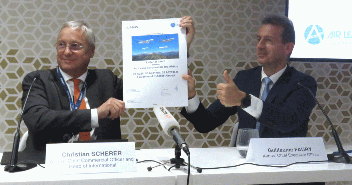 The announcement of ALC’s 111-aircraft order of Airbus jets was made online and included Airbus CCO Christian Scherer (left) and Airbus CEO Guillaume Faury. 