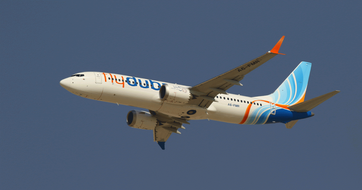 A Flydubai Boeing 737 Max 8 runs through its paces during the flight display.