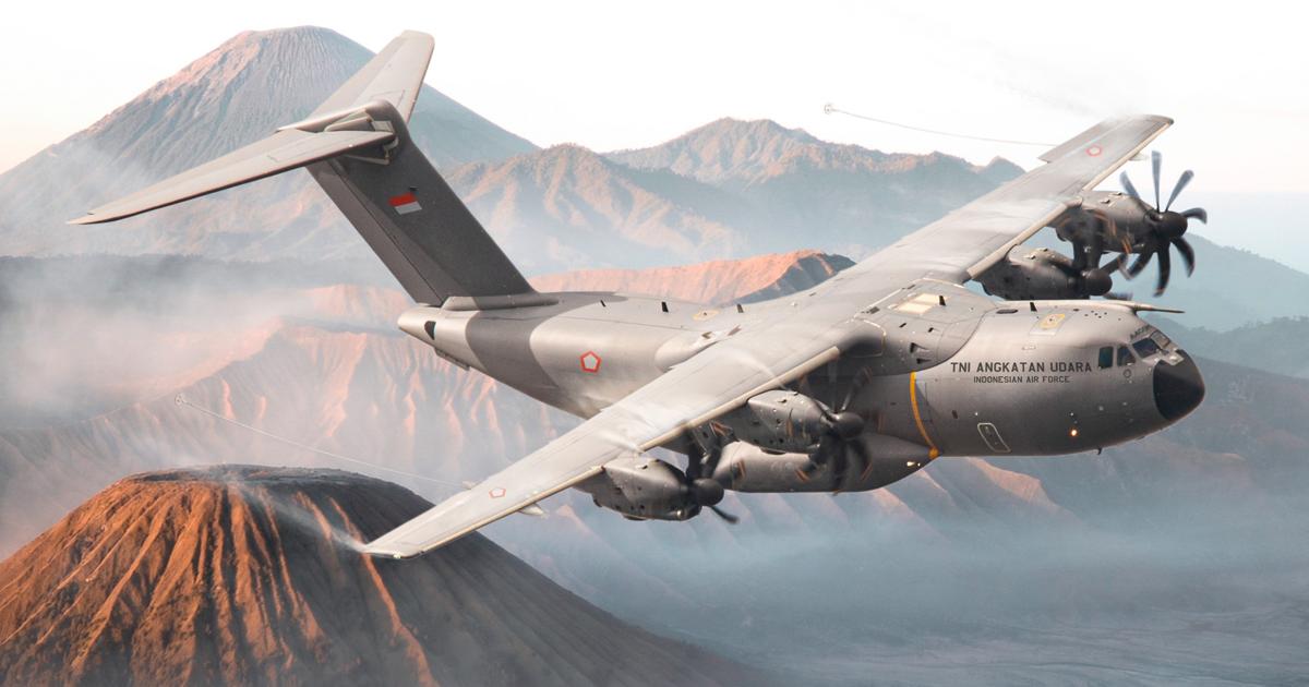 An artist’s impression shows an A400M in notional TNI-AU colors, depicted over the kind of volcanic island landscape that dominates much of Indonesia. (Photo: Airbus)