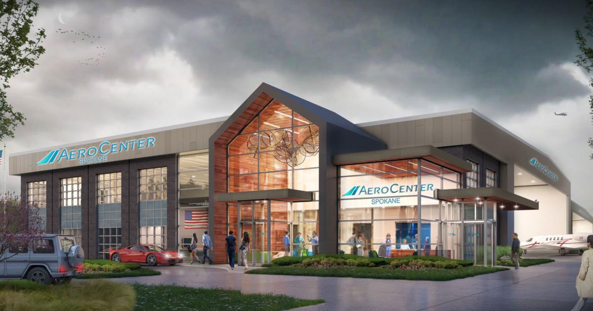 Spokane International Airport will be the site of the third location in the fledgling Aero Center FBO chain. The permanent facility is expected to be completed within 18 months. (Image: SAR Trilogy Management)