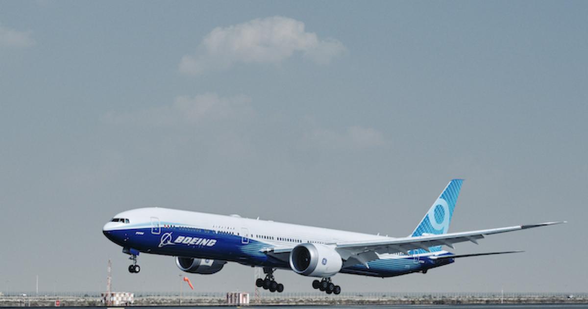 The first flight test example of the Boeing 777X lands in Dubai on November 9. (Photo: Boeing)