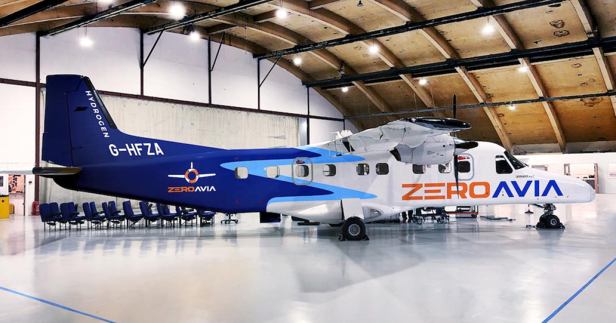 UK regional carrier Aurigny Air has provided ZeroAvia with a Dornier 228 to use for development work with its hydrogen propulsion system. (Photo: ZeroAvia)