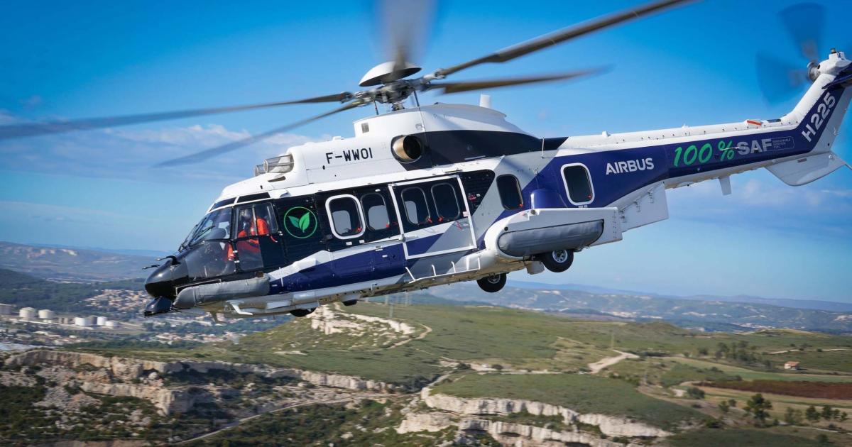 The Airbus H225 test helicopter flew with an unblended SAF derived from used cooking oil provided by TotalEnergies. (Photo: Airbus Helicopters)