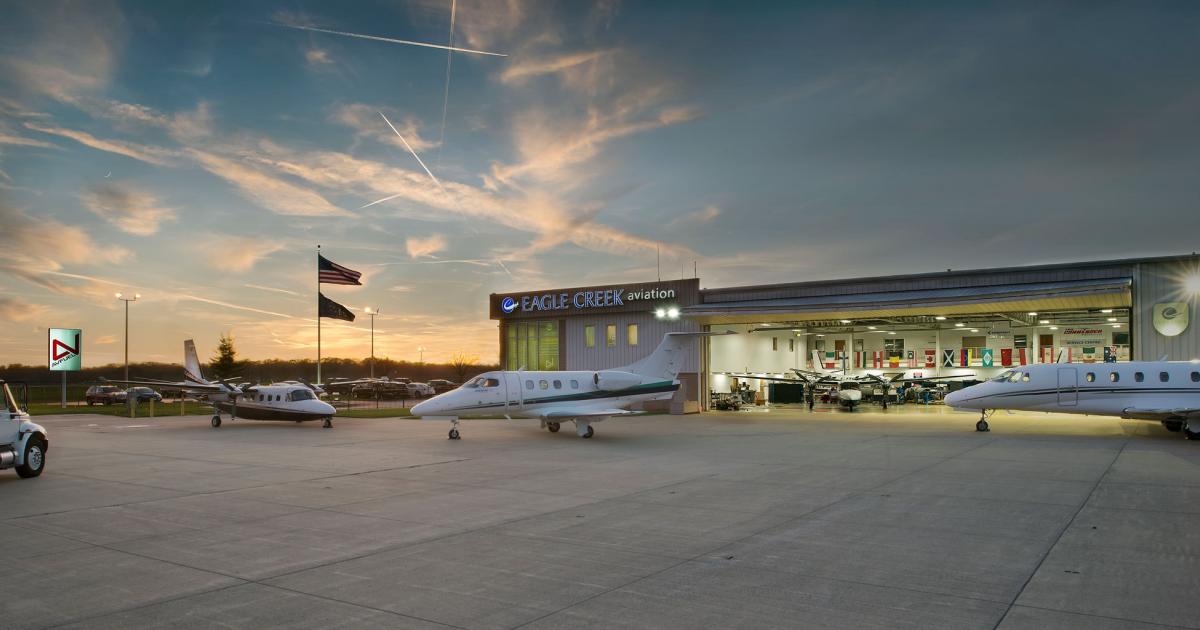 After the merger between Jet Access and fellow Indiana-based aviation services provider Eagle Creek Aviation, the two companies are still determining whether Eagle Creek's FBO at Indianapolis-area Eagle Creek Airpark (KEYE), and its two First Wing Jet Centers at nearby Indianapolis Executive and Frankfort Municipal airports will join the 7 FBOs already under the Jet Access brand. (Photo: ECAS)