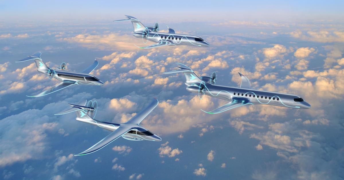 Embraer's proposed Energia family of aircraft would reduced carbon, or carbon zero, ways to provide flights of up to 500 nm, carrying between 9 and 50 passengers. (Image: Embraer)