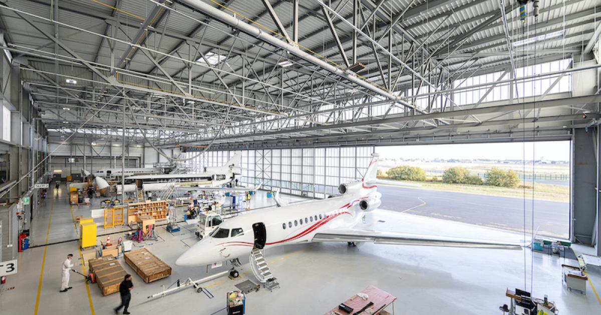 Dassault Falcon Service’s center in Mérignac, France comprises a 7,500-sq-m, six-bay facility. (Photo: Dassault Aviation)