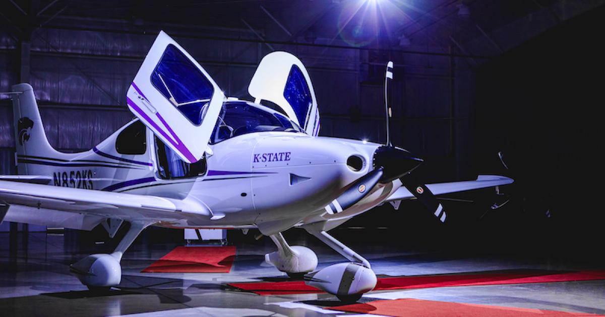 The first Cirrus SR20 piston single delivered to Kansas State University's Salina Aerospace and Technology flight training program. (Photo: Kansas State University)