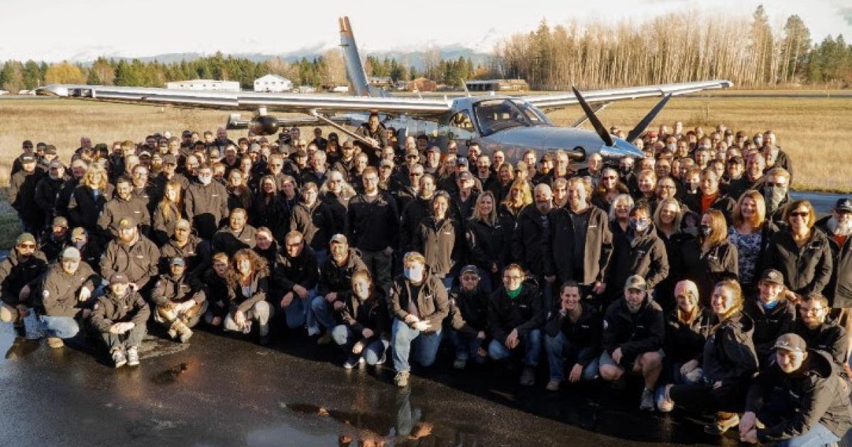 Daher gathered its production team at the Kodiak factory in Sandpoint, Idaho to celebrate the milestone 300th delivery. (Photo: Daher)