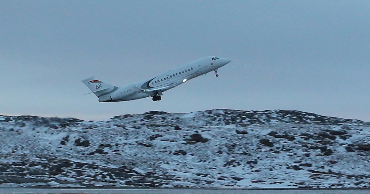 Dassault Aviation's Falcon 6X, completing its first round of cold soak trials in Canada, next will be tested to temperatures down to -40 deg C. (Photo: Paul Defosse/Dassault Aviation)