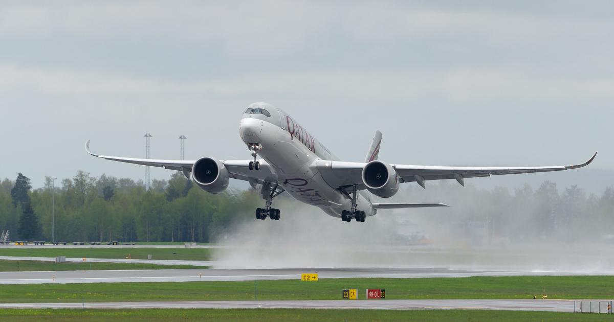 A Qatar Airways Airbus A350 takes off from Oslo Airport in Gardermoen, Norway, on May 23, 2021. (Photo: Flickr: <a href="http://creativecommons.org/licenses/by/2.0/" target="_blank">Creative Commons (BY)</a> by <a href="http://flickr.com/people/72janj" target="_blank">72JanJ</a>)