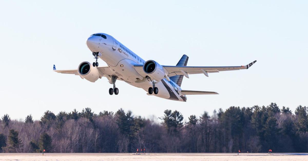 The Airbus ACJ TwoTwenty made its first flight on December 14 from Montreal Mirabel International Airport. Comlux will take delivery of the bizliner in the coming weeks and will install a VIP cabin at its Indianapolis completions facility. (Photo: Airbus Corporate Jets)