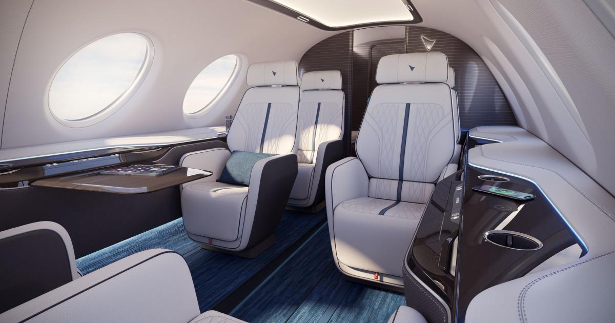 Eviation has unveiled a six-passenger executive-cabin version of its Alice all-electric aircraft. The executive cabin features a fully equipped galley with a lavatory and sink, wardrobe to stow jackets and other personal belongings, side panel at each seat with a foldable table, personal power outlets, and USB plugs. (Photo: Eviation)